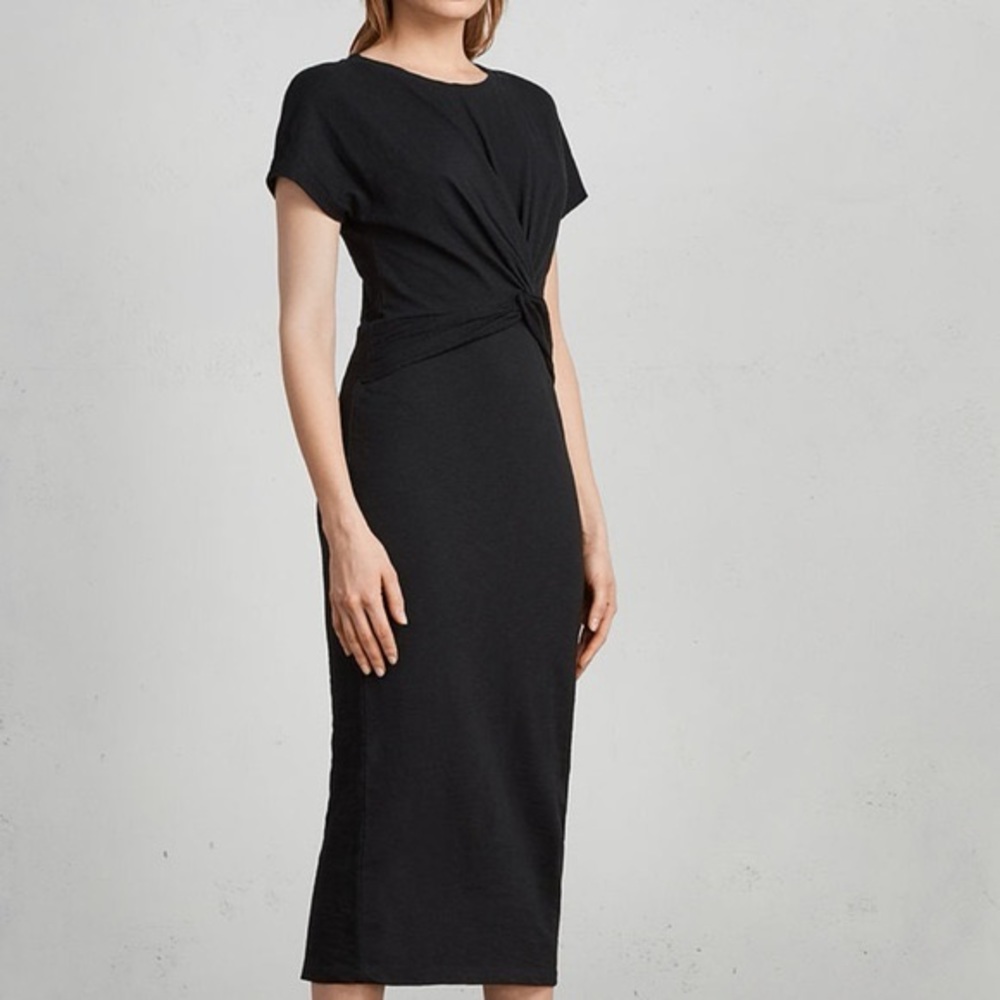 All Saints Ruched Midi Black Dress Sz S - Picture 13 of 14